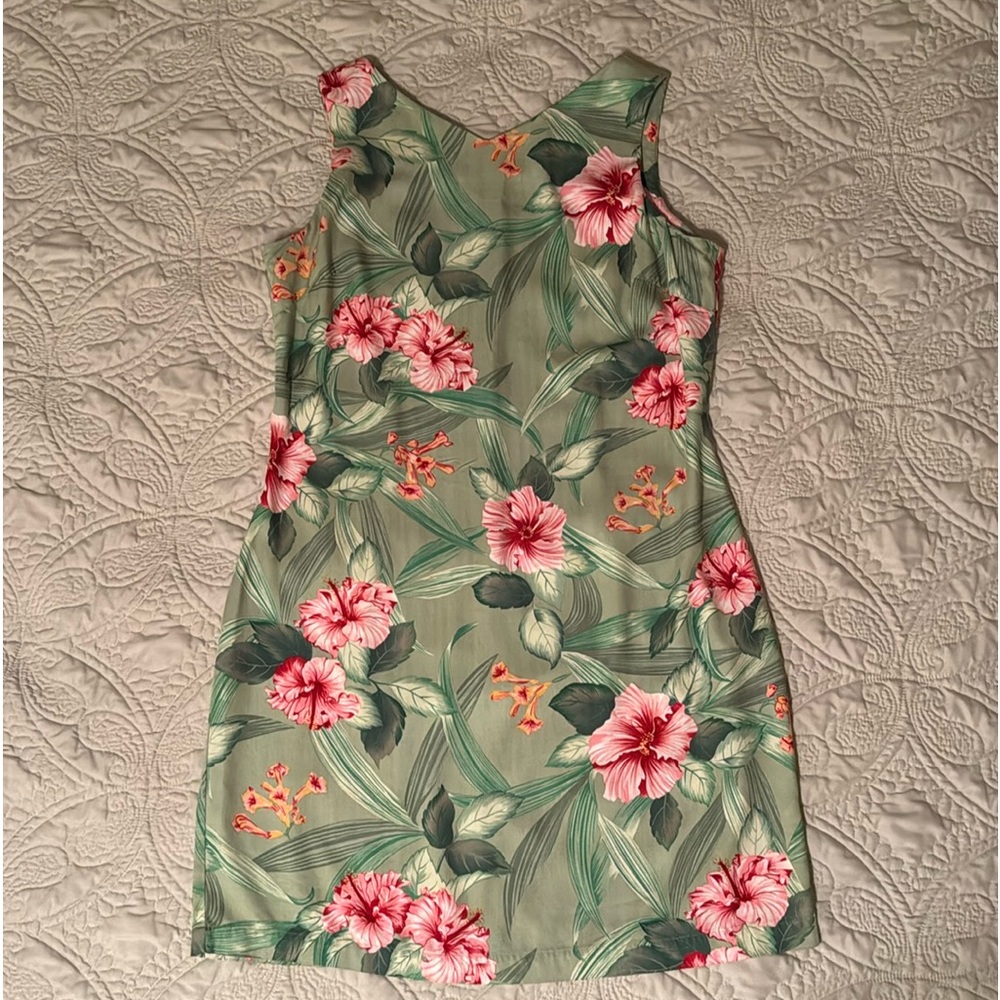 Caribbean Joe V-neck Sleeveless Mini Dress Mint Green with Hibiscus Flowers